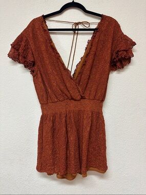 Tularosa womans Rust Lace V-Neck Short Sleeve Romper size S